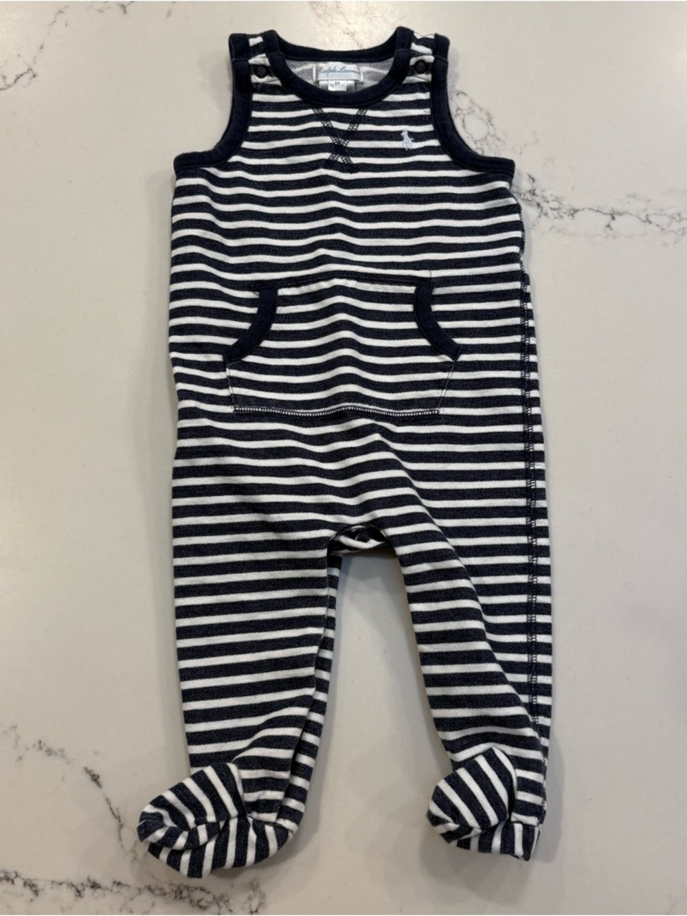 Ralph Lauren Navy & White Striped Baby Footed Romper 100% Cotton Gender Neutral